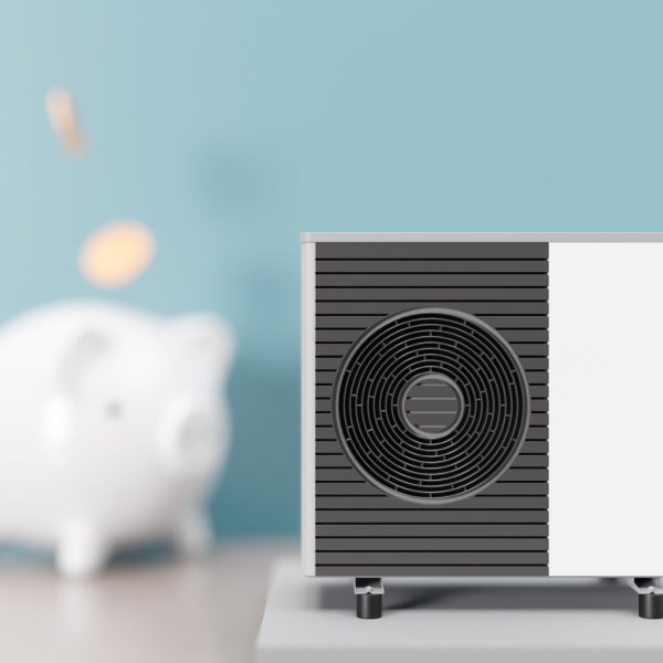 Air heat pump and piggy bank on blue background. Modern, environmentally friendly heating. Save your money with air source heat pump. Free, copy space for your text, advertising. 3d render